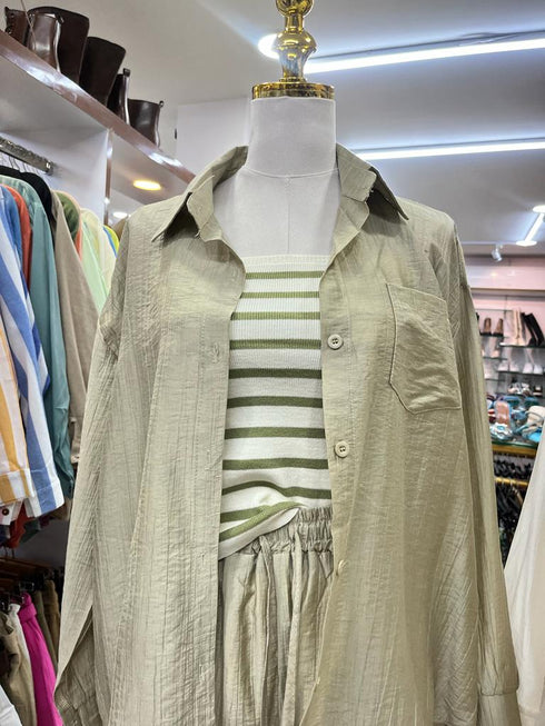 Chiffon Collar Shirt and Short With Stripes Tang Top Sets